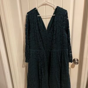 It’s a teal torrid dress. With a v neck up front. keyhole opening in the back.